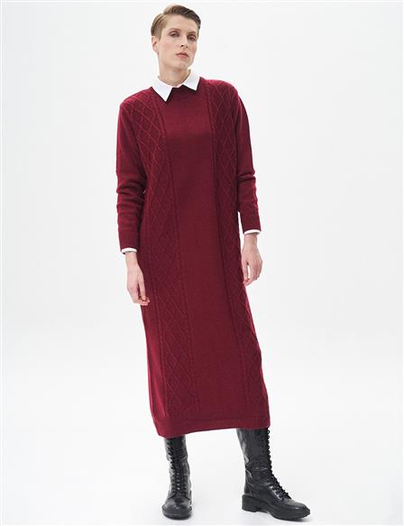 Knitted Patterned Knit Dress Burgundy