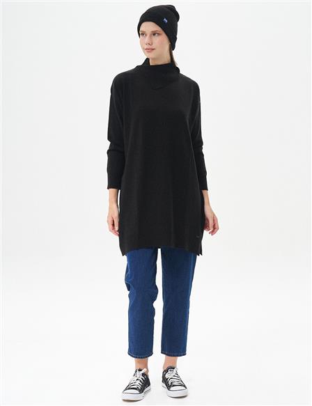 Side Turn-down Collar Knit Tunic Black
