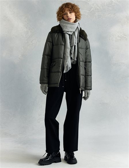Faux Fur Detailed Quilted Anorak Coat Khaki