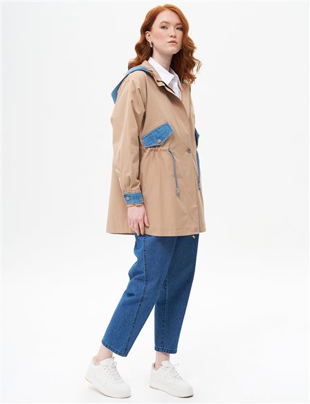 Denim Garnished Hooded Coat Beige