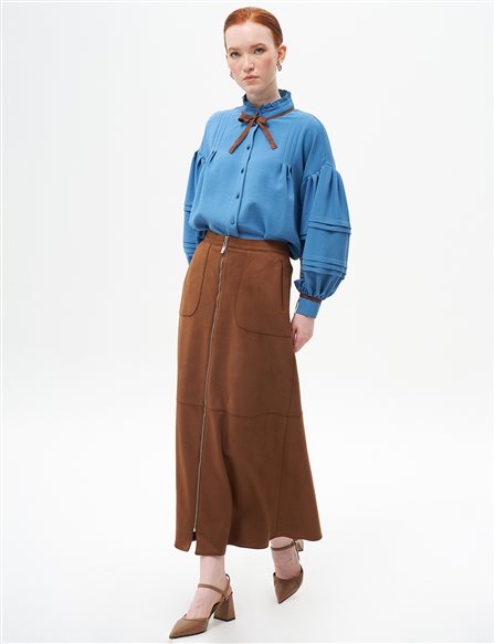 Seam Suede Skirt with Detail Coffee