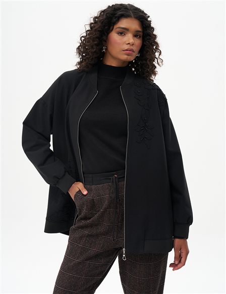 Embroidered Zippered Jacket Black