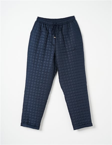 Quilted Patterned Elastic Waist Trousers Dark Navy Blue