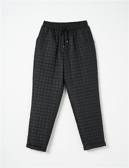 Quilted Patterned Elastic Waist Trousers Black