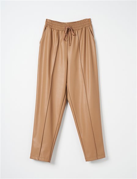 Waist Elastic Faux Leather Trousers Beige