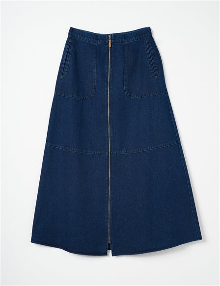 Zipper Closure Denim Skirt Navy Blue