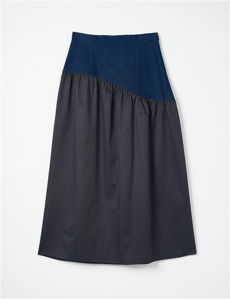 Denim Mixed Parachute Fabric Skirt Dark Navy Blue