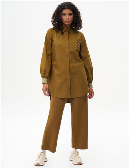 Stone Embellished Cotton Tunic Dark Olive