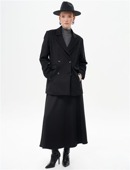Coat with Flap Pockets Wool Blazer Jacket Black