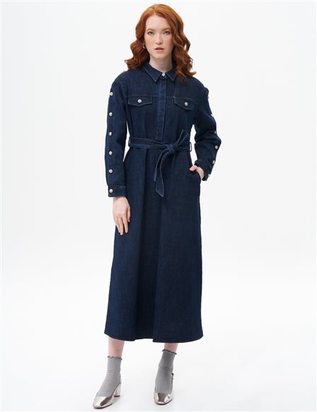 Button Detailed Denim Dress Navy Blue