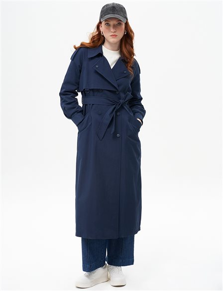 Belted Snap Closure Cape Dark Navy Blue