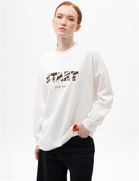 Slogan Nakışlı Scuba Sweatshirt Ekru