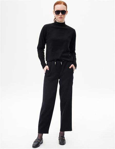 Elastic Waist Laced Pants Black