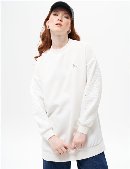 Sıfır Yaka Kolu Taşlı Sweatshirt Optik Beyaz
