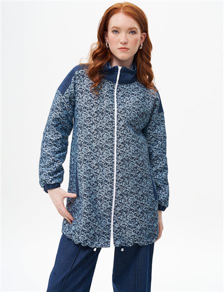 Denim Mixed Zipper Closure Tunic Navy Blue