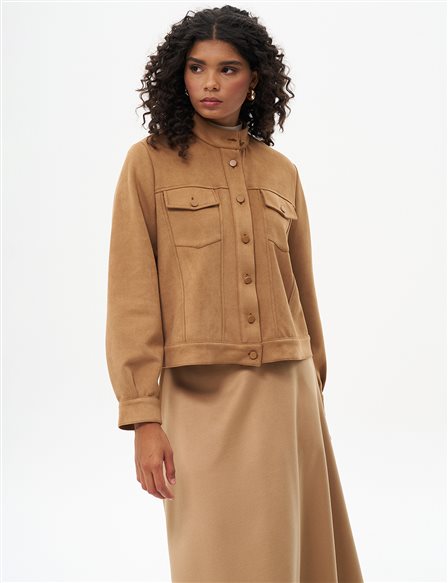 Buttoned Suede Jacket in Camel