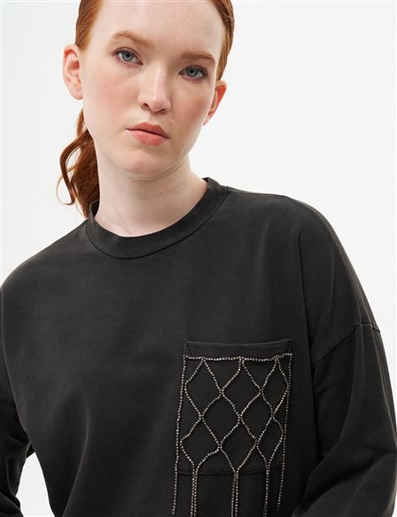 Stone Embroidered Two Thread Sweatshirt Black