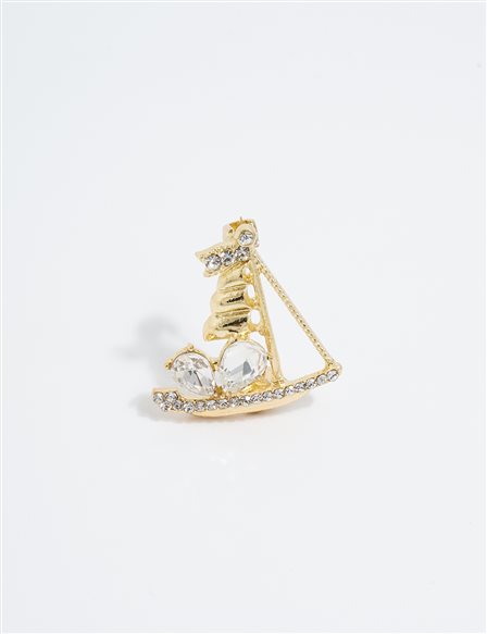 Gold Ship Figure Brooch with Stone Detailing