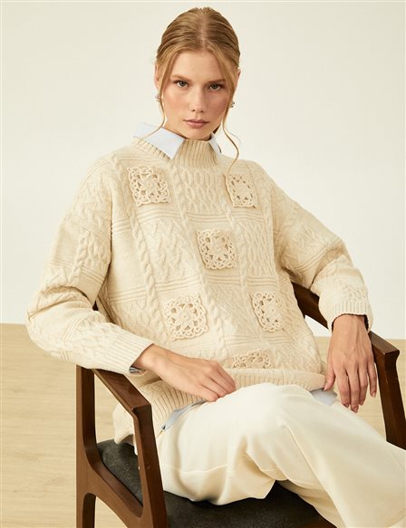 Lace Appliqued Knitted Tunic Stone