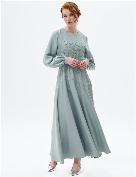 Flower Appliqued Satin Dress Sage Tea