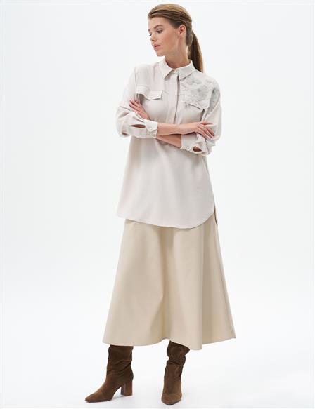 Flower Applique Shirt Collar Tunic Cream