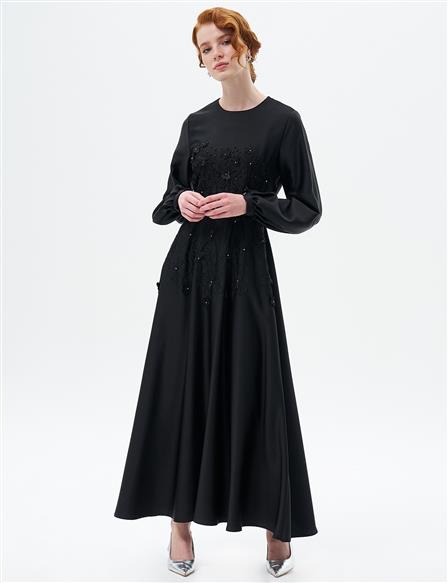 Flower Appliqued Satin Dress Black