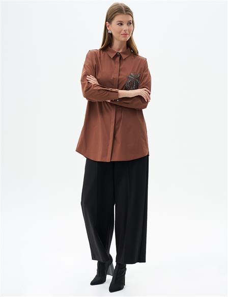 Stone Embroidered Poplin Tunic Dark Coffee