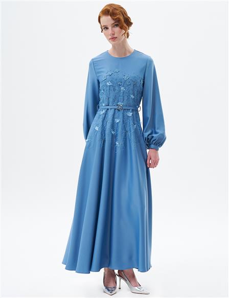 Flower Appliqued Satin Dress Crown Blue