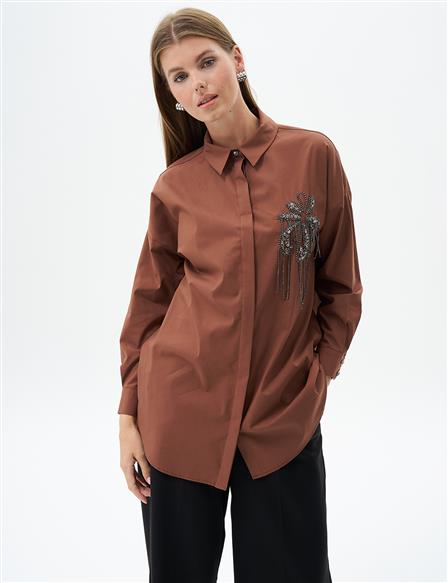 Stone Embroidered Poplin Tunic Dark Coffee