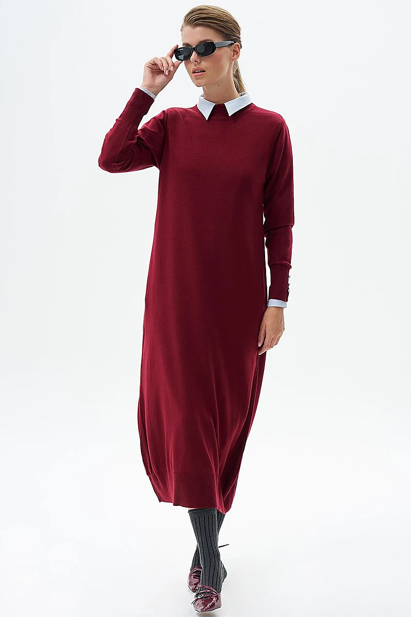Half Turtleneck Knitted Dress Burgundy