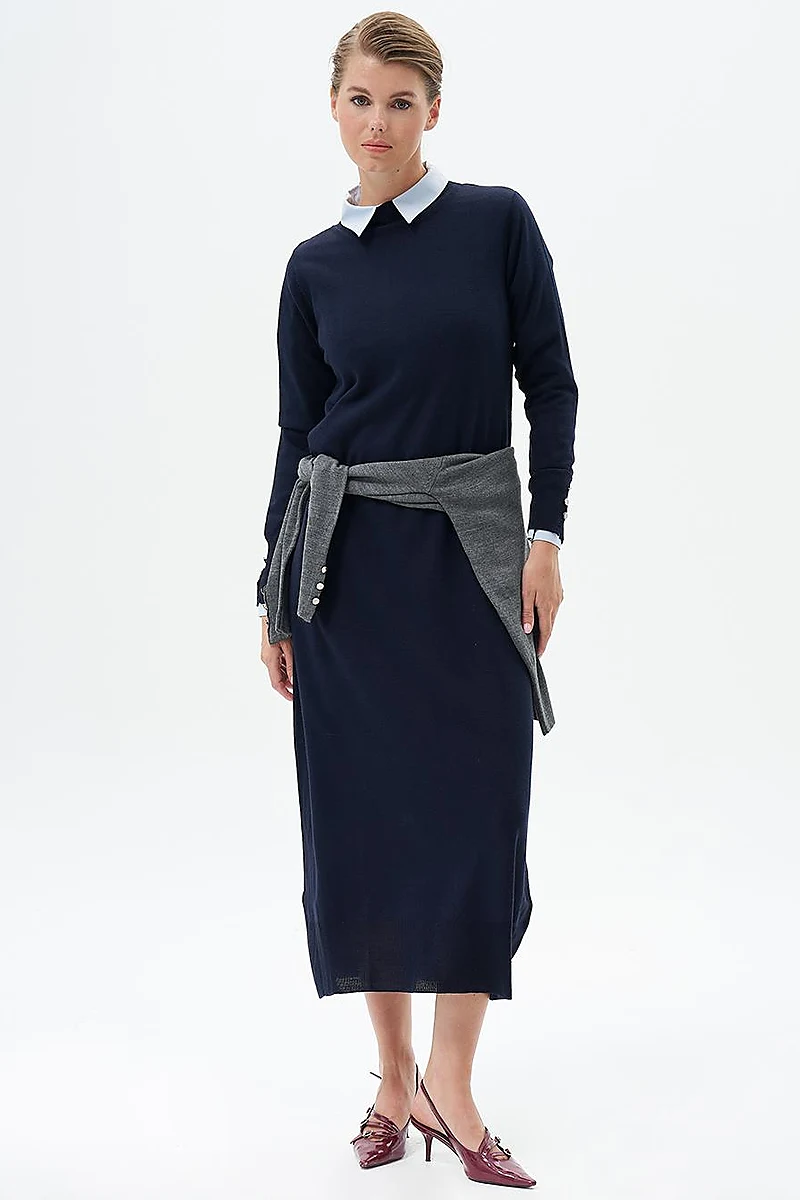 Half Turtleneck Knit Dress Navy Blue