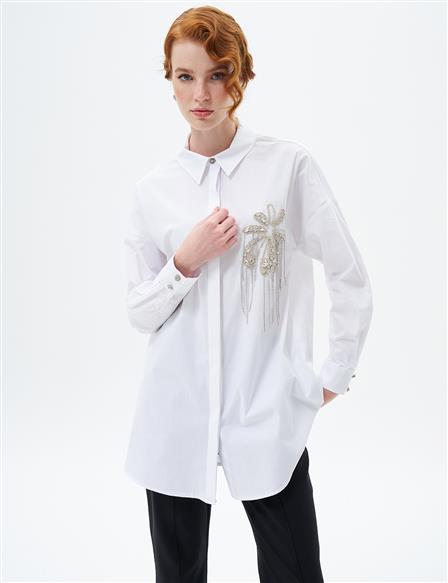 Stone Embroidered Poplin Tunic Optic White