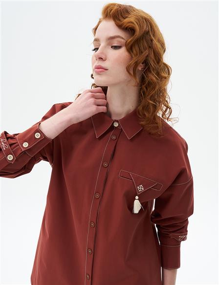 Shirt Collar Tunic with Slogan Detail on Wrists Brick Red