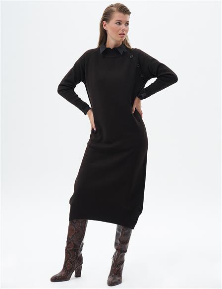 Buttoned Half Turtleneck Knitted Dress Coffee