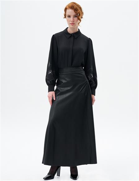 Stitched Detailed Faux Leather Bell Skirt Black