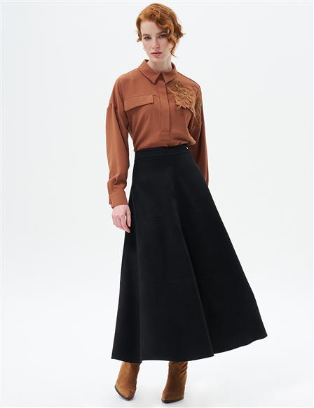 Stitched Detailed Suede Skirt Black