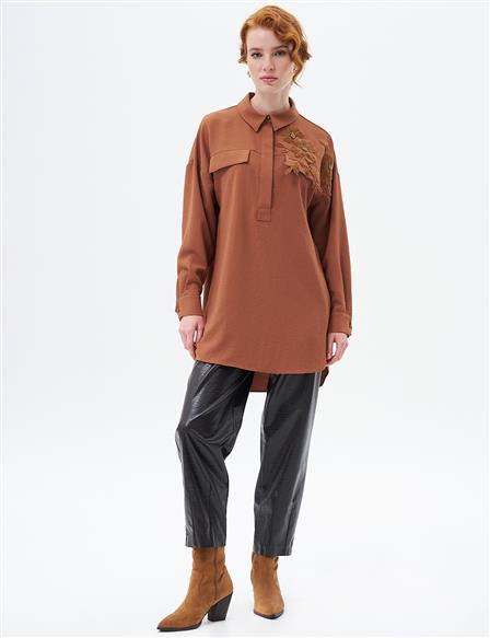 Flower Applique Shirt Collar Tunic Tobacco