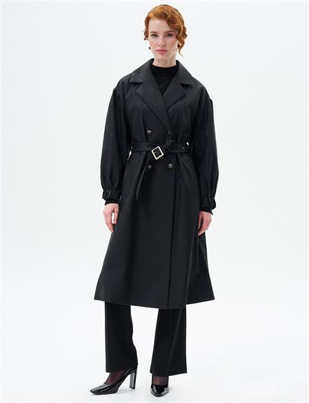 Gold Button Detailed Coat with Gathered Wrists Black