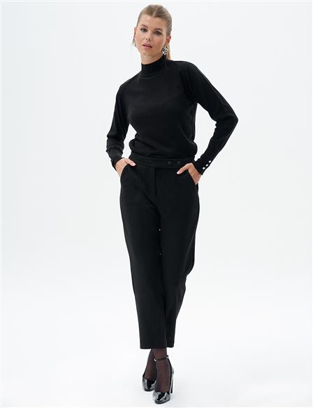 Suede Trousers with Button Detail Black