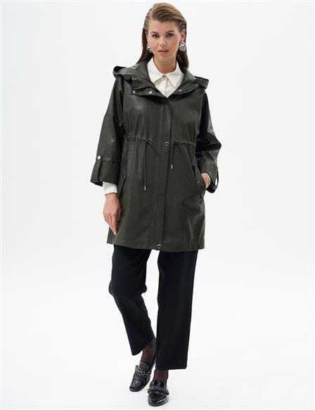 Hooded Printed Coat Dark Khaki