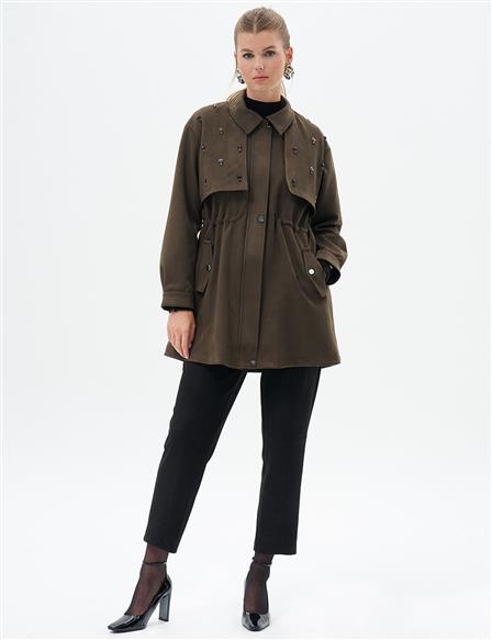 Stone Embroidered Suede Coat Dark Khaki