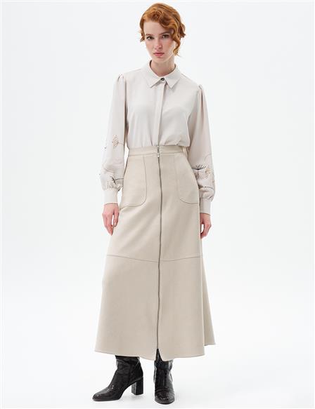 Embroidered Shirt Collar Blouse Cream