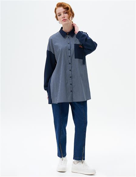 Line Pattern Garnished Tunic Navy Blue