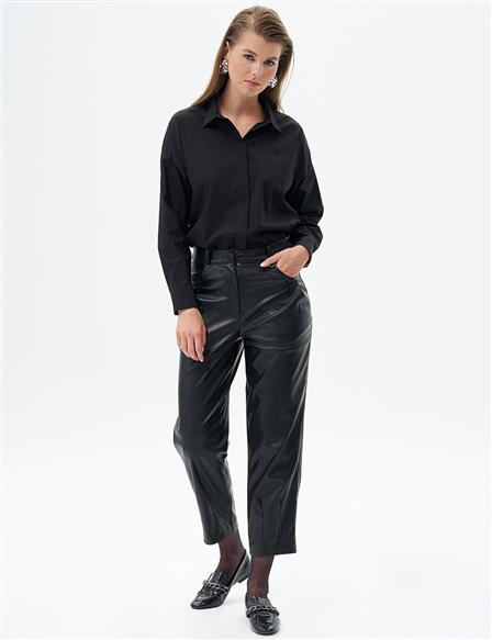Metal Accessory Detailed Faux Leather Pants Black