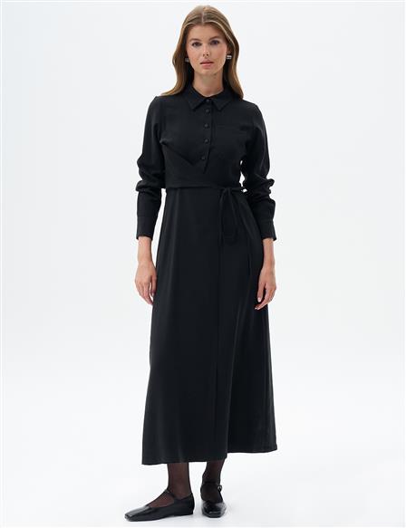Bel Detaylı Rayon Elbise Siyah