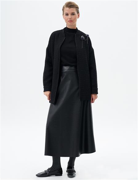 Ribbed Brooch Detailed Jacket Black