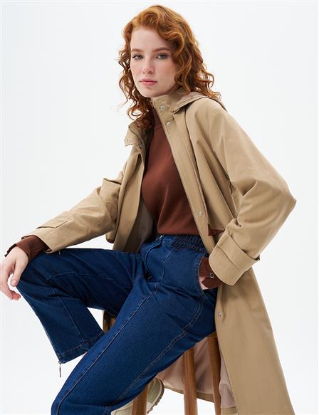 Stand Collar Coat with Pocket Detail Beige