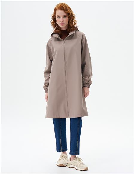 Hooded Coat with Elastic Gathered Wrists Mink