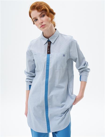 Striped Pattern Tunic with Elastic Gathered Wrists Crown Blue