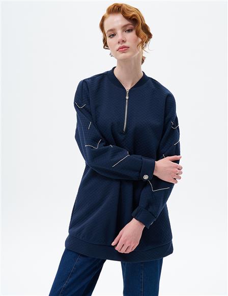 Taş İşlemeli Yarım Fermuar Kapamalı Sweatshirt Koyu Lacivert